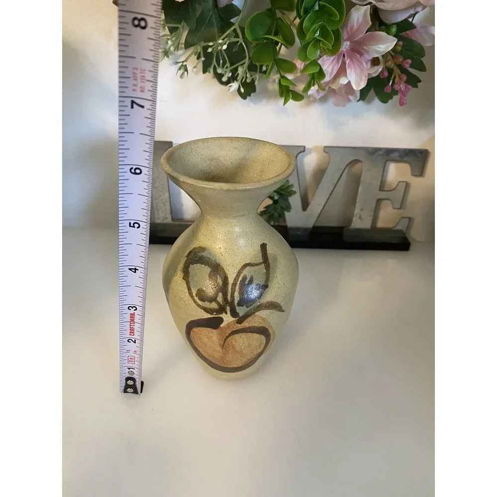 Vintage Hand Painted Stoneware Vase MCM‎ Signed Numbered Peach Design 6
